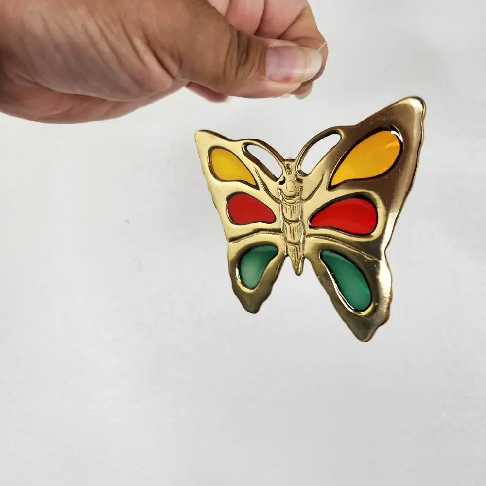 Vintage Brass & Glass Butterfly Suncatcher Hanging Decor Collectible